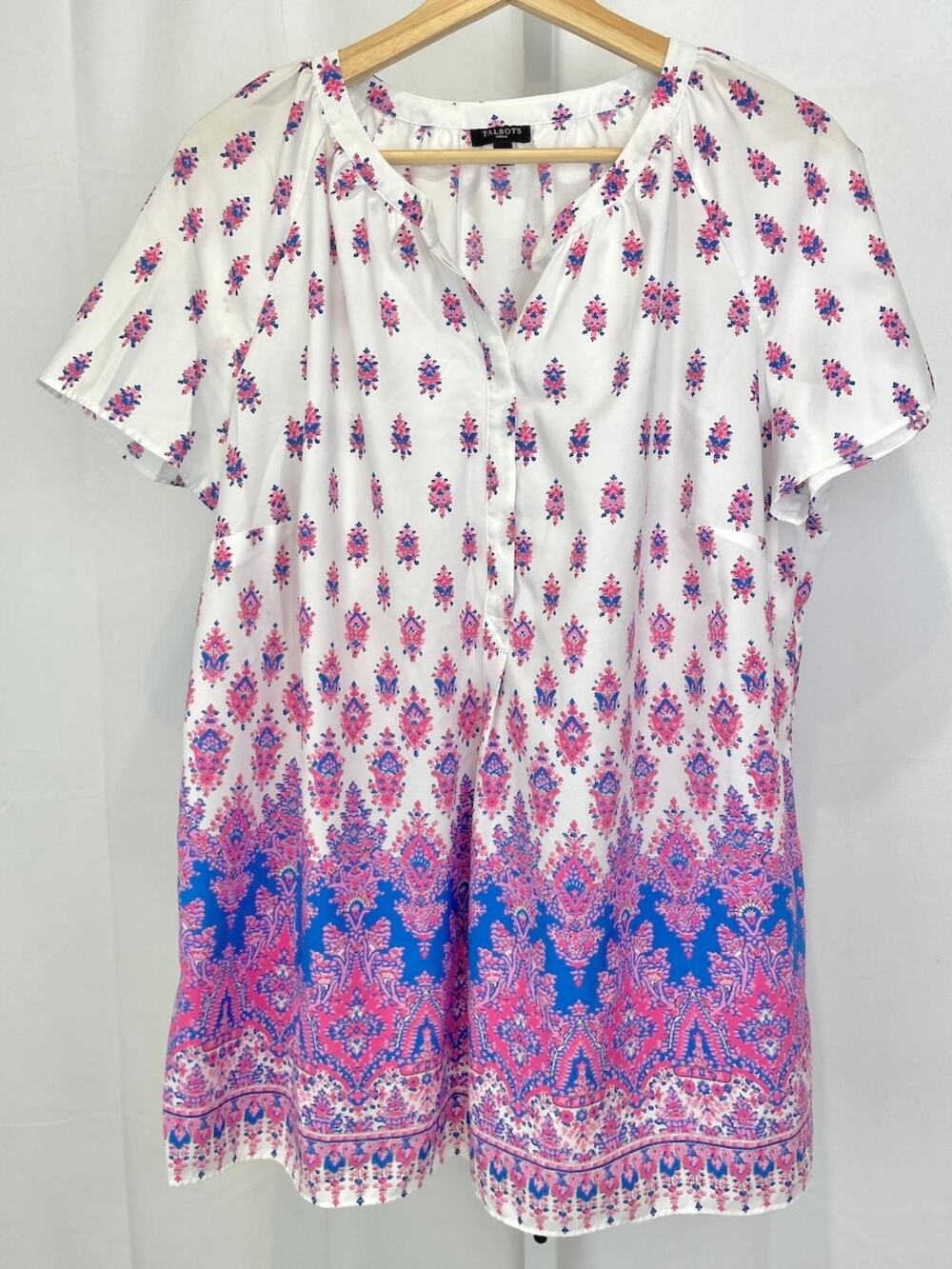 TALBOTS Printed Popover Top Short Sleeve Purple White Size 0X X